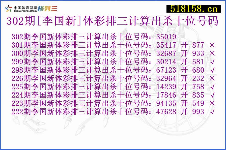302期[李国新]体彩排三计算出杀十位号码