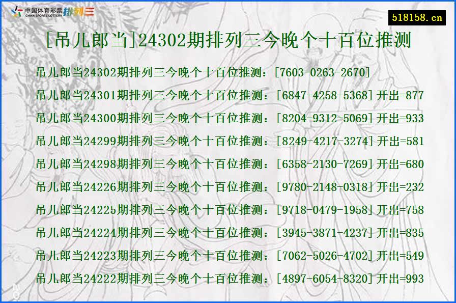 [吊儿郎当]24302期排列三今晚个十百位推测