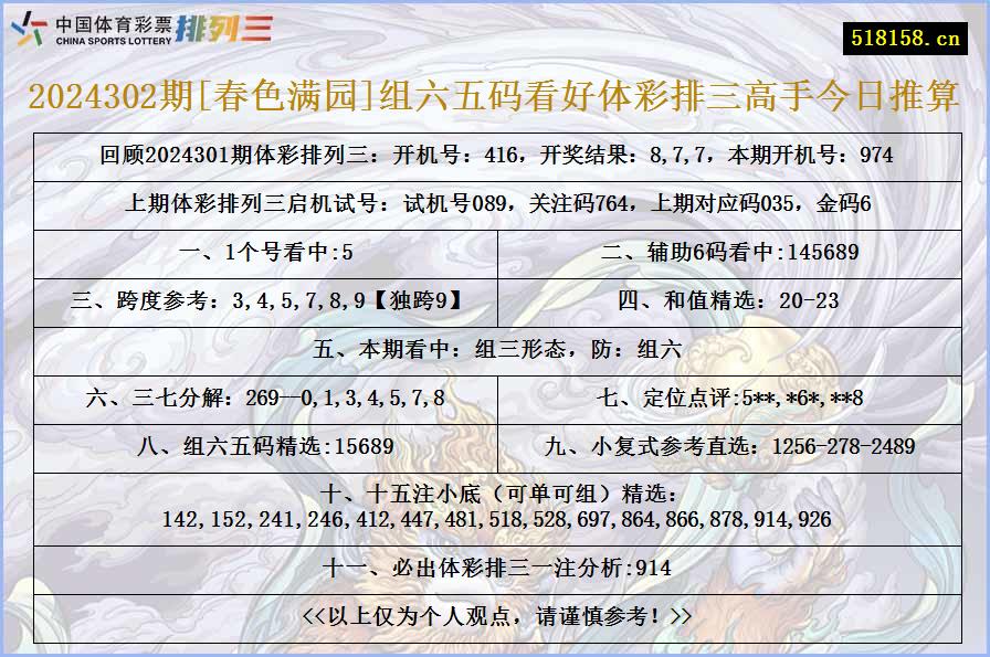 2024302期[春色满园]组六五码看好体彩排三高手今日推算