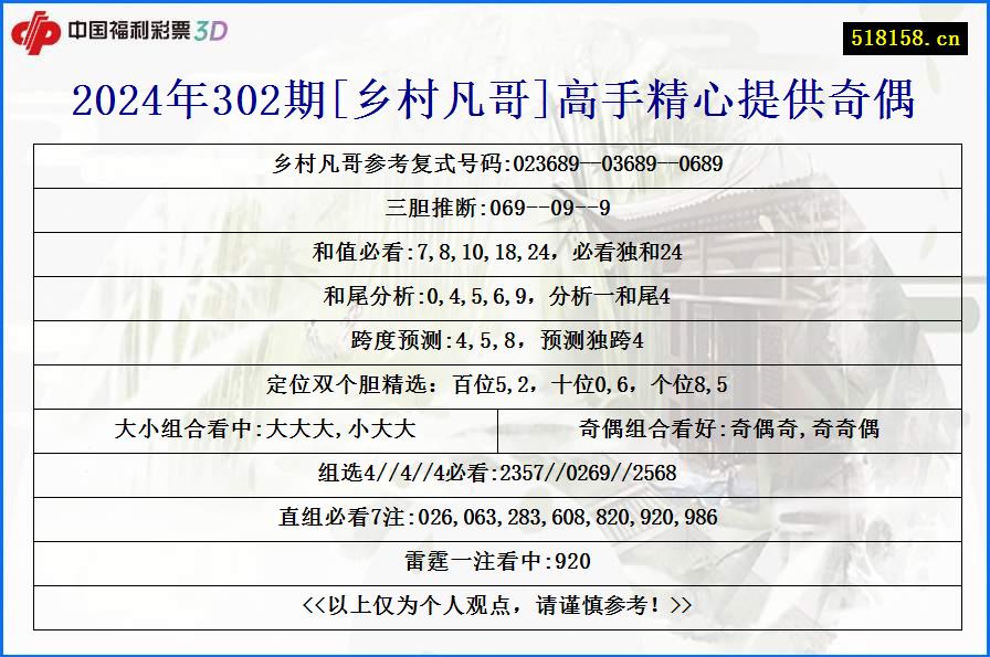 2024年302期[乡村凡哥]高手精心提供奇偶