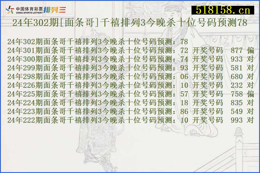 24年302期[面条哥]千禧排列3今晚杀十位号码预测78