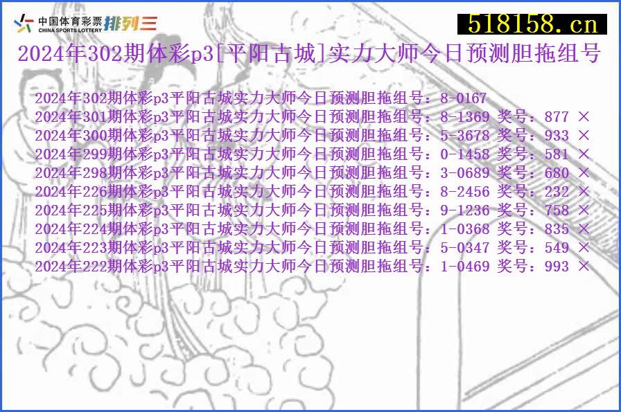 2024年302期体彩p3[平阳古城]实力大师今日预测胆拖组号