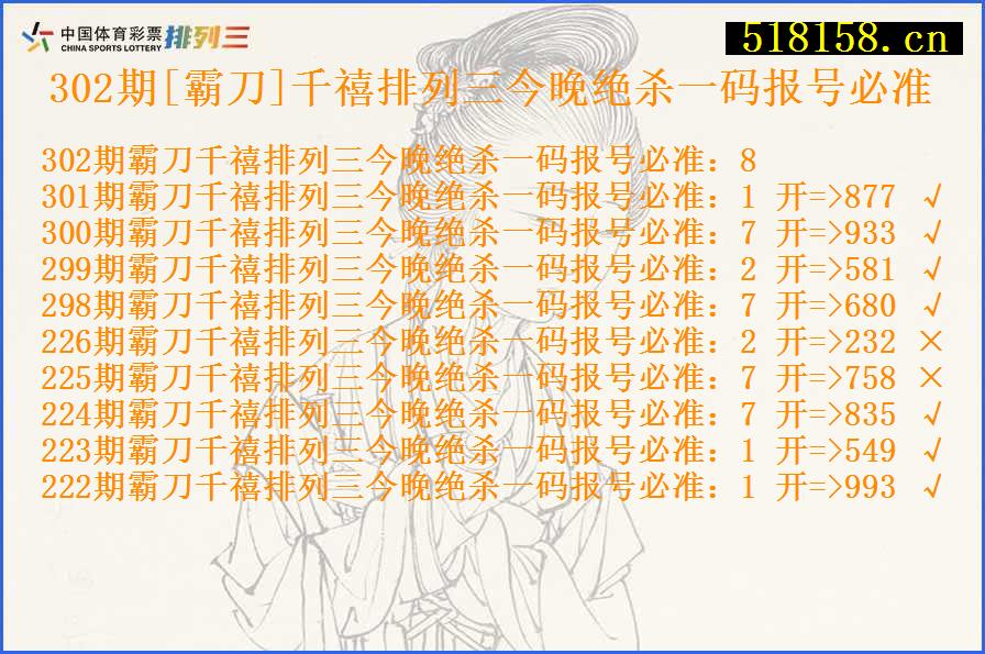 302期[霸刀]千禧排列三今晚绝杀一码报号必准