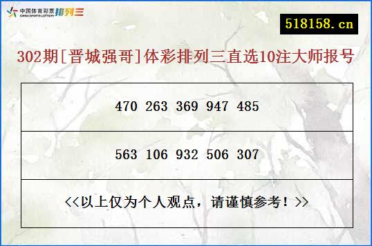 302期[晋城强哥]体彩排列三直选10注大师报号