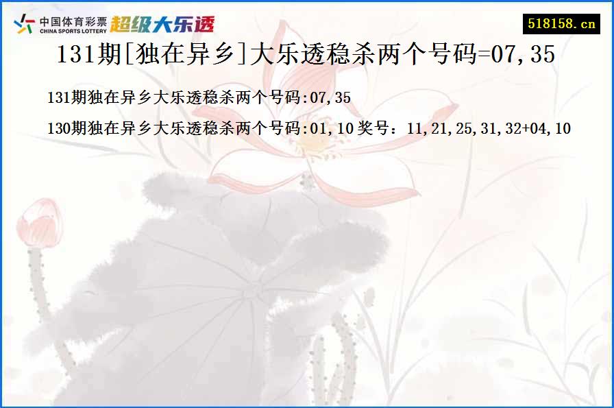 131期[独在异乡]大乐透稳杀两个号码=07,35