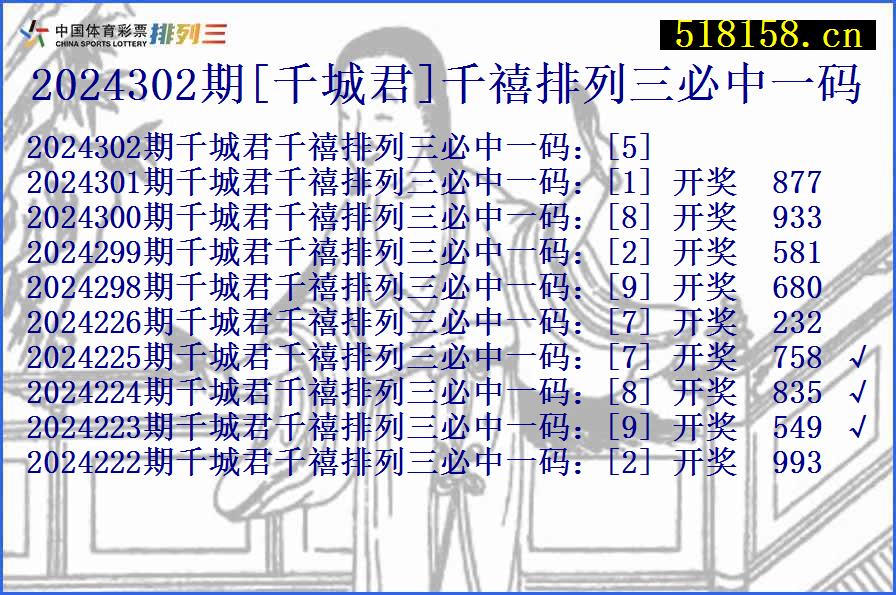 2024302期[千城君]千禧排列三必中一码