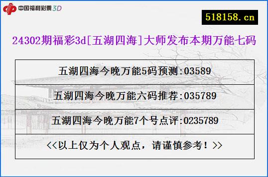 24302期福彩3d[五湖四海]大师发布本期万能七码