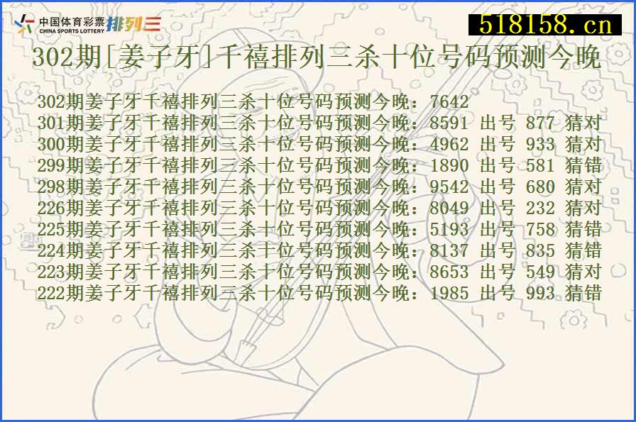 302期[姜子牙]千禧排列三杀十位号码预测今晚