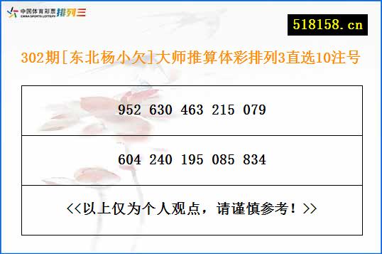 302期[东北杨小欠]大师推算体彩排列3直选10注号