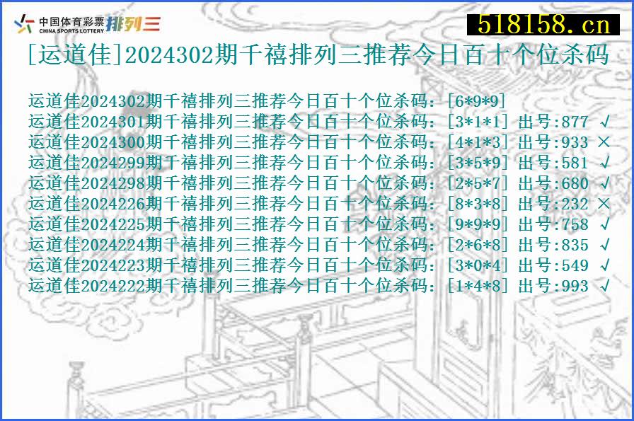 [运道佳]2024302期千禧排列三推荐今日百十个位杀码