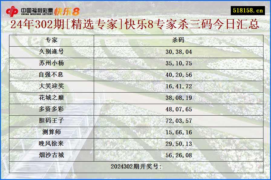 24年302期[精选专家]快乐8专家杀三码今日汇总