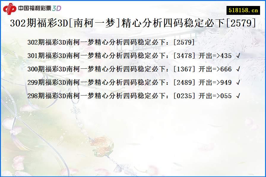 302期福彩3D[南柯一梦]精心分析四码稳定必下[2579]