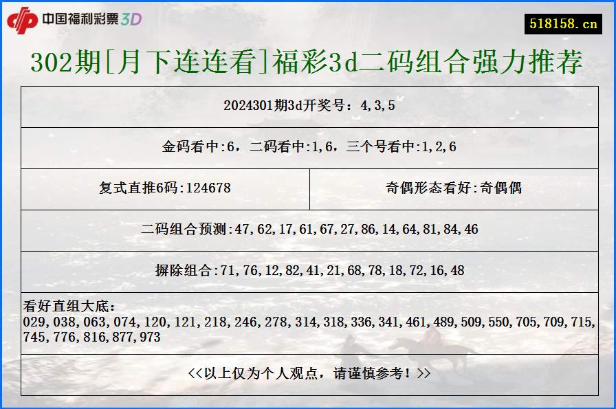 302期[月下连连看]福彩3d二码组合强力推荐