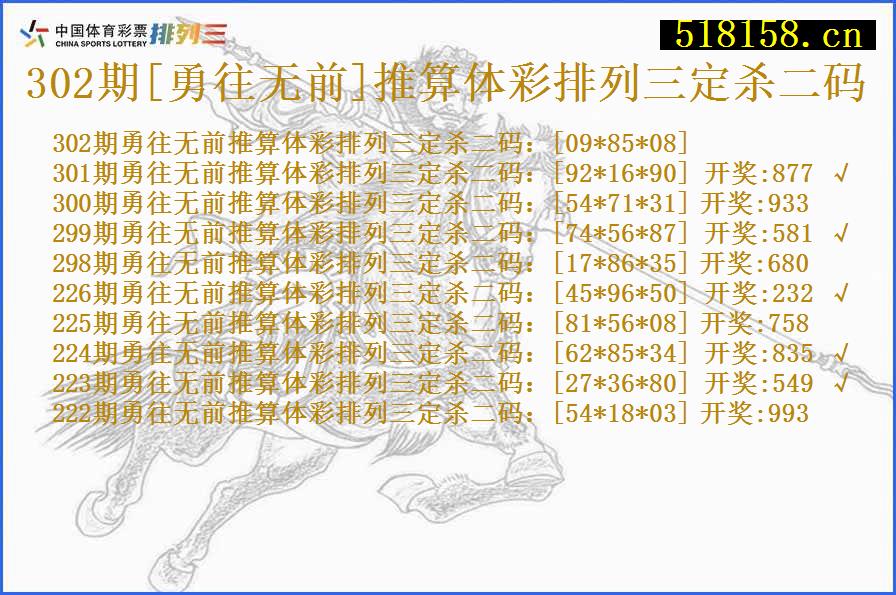 302期[勇往无前]推算体彩排列三定杀二码