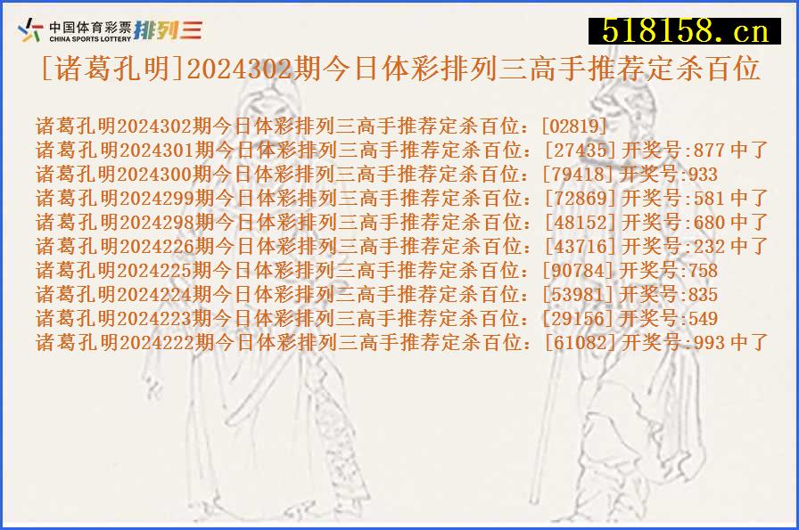 [诸葛孔明]2024302期今日体彩排列三高手推荐定杀百位