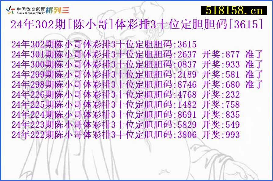 24年302期[陈小哥]体彩排3十位定胆胆码[3615]