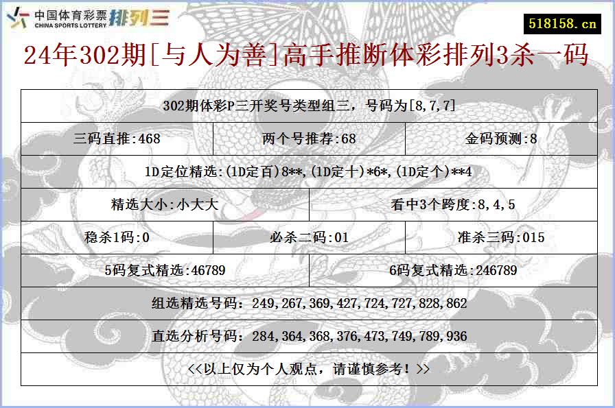 24年302期[与人为善]高手推断体彩排列3杀一码