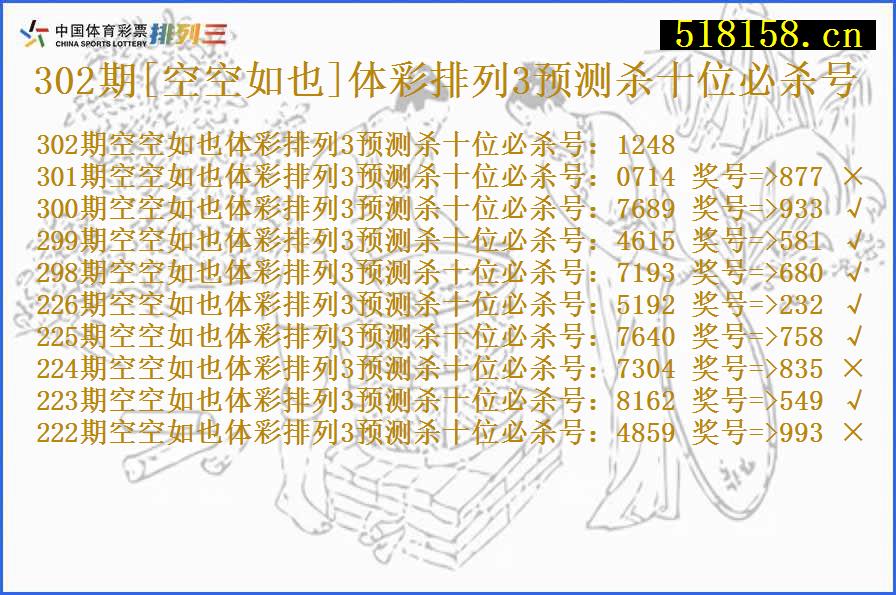 302期[空空如也]体彩排列3预测杀十位必杀号