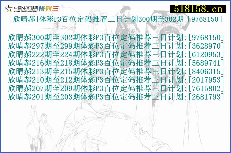 [欣晴郝]体彩P3百位定码推荐三日计划300期至302期「9768150」