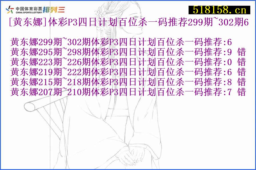 [黄东娜]体彩P3四日计划百位杀一码推荐299期~302期6