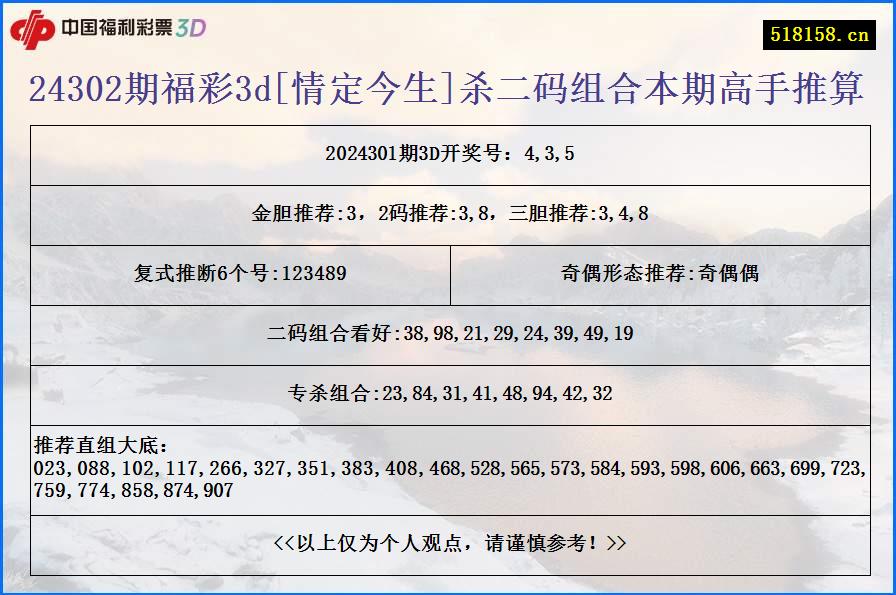 24302期福彩3d[情定今生]杀二码组合本期高手推算