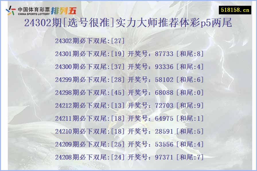 24302期[选号很准]实力大师推荐体彩p5两尾