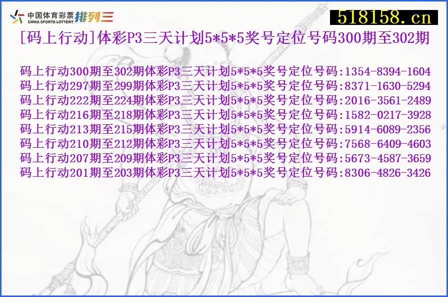 [码上行动]体彩P3三天计划5*5*5奖号定位号码300期至302期