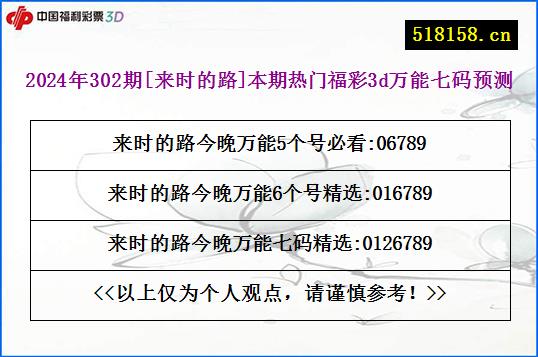 2024年302期[来时的路]本期热门福彩3d万能七码预测