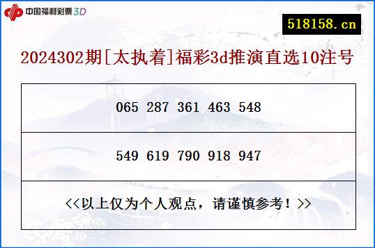 2024302期[太执着]福彩3d推演直选10注号