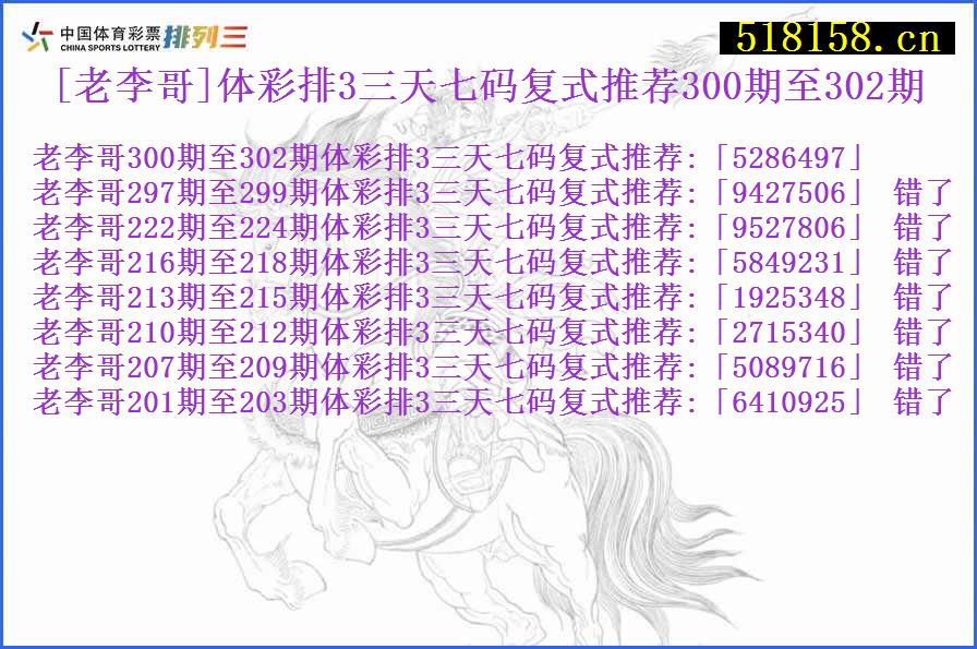 [老李哥]体彩排3三天七码复式推荐300期至302期