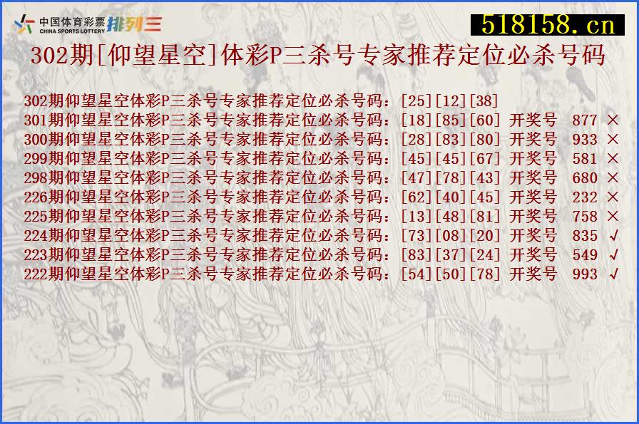 302期[仰望星空]体彩P三杀号专家推荐定位必杀号码