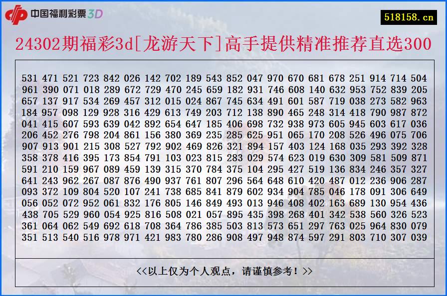 24302期福彩3d[龙游天下]高手提供精准推荐直选300