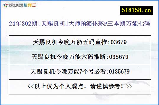 24年302期[天赐良机]大师预演体彩P三本期万能七码