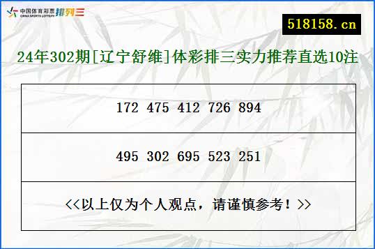 24年302期[辽宁舒维]体彩排三实力推荐直选10注