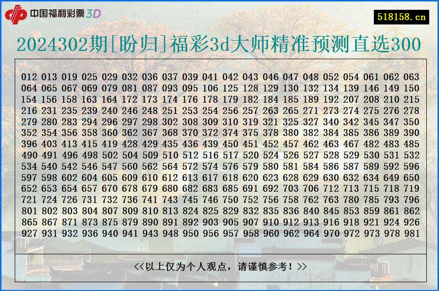 2024302期[盼归]福彩3d大师精准预测直选300