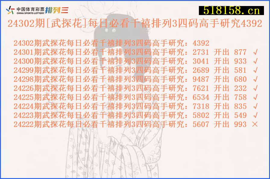 24302期[武探花]每日必看千禧排列3四码高手研究4392