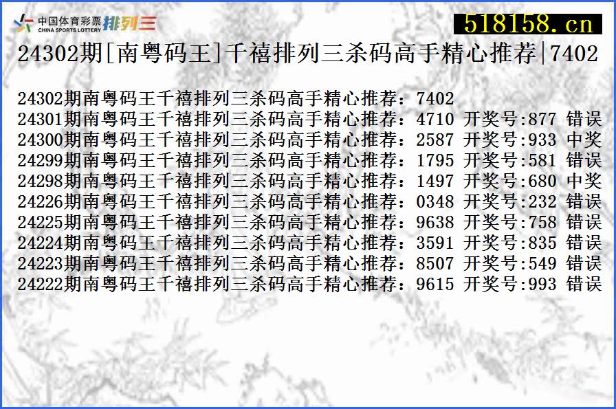 24302期[南粤码王]千禧排列三杀码高手精心推荐|7402