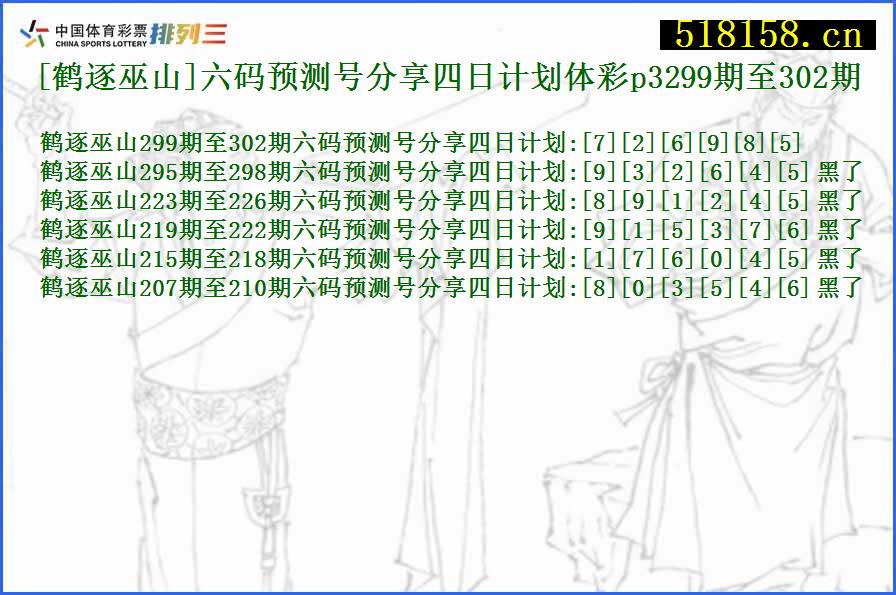 [鹤逐巫山]六码预测号分享四日计划体彩p3299期至302期