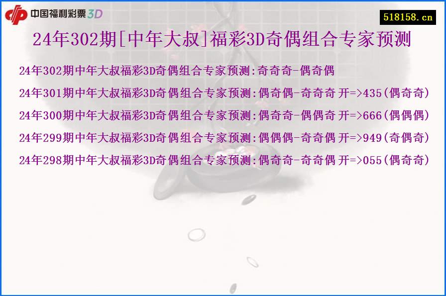 24年302期[中年大叔]福彩3D奇偶组合专家预测