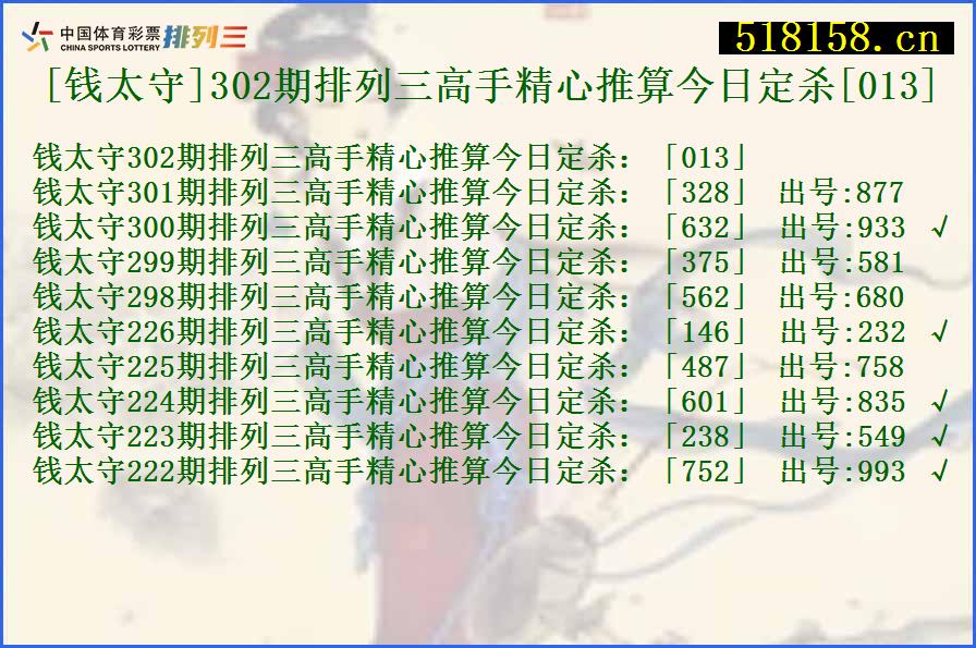 [钱太守]302期排列三高手精心推算今日定杀[013]