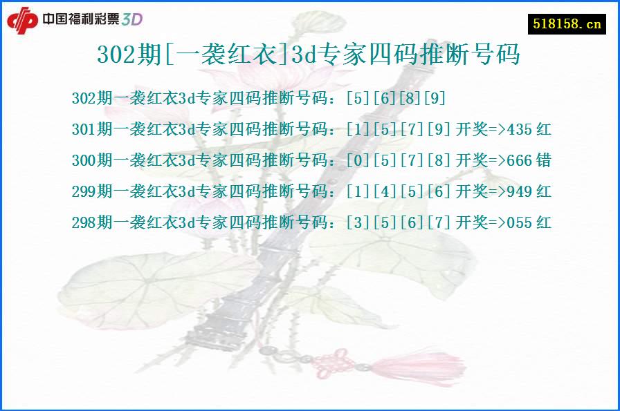 302期[一袭红衣]3d专家四码推断号码