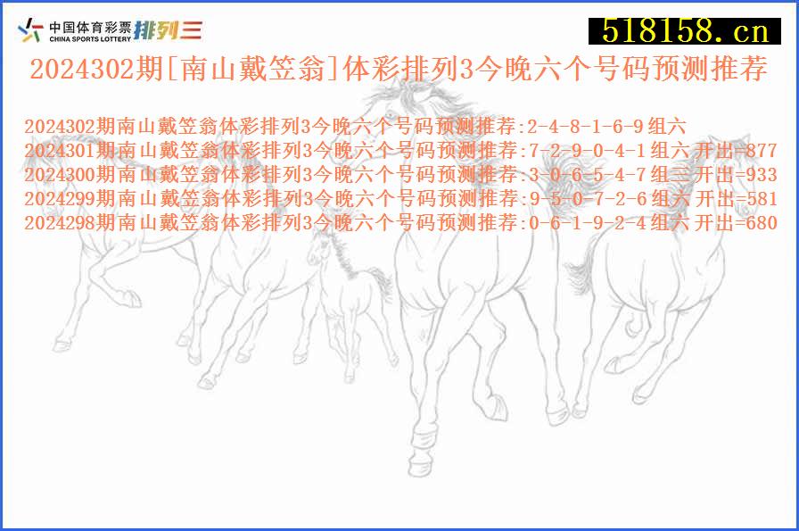 2024302期[南山戴笠翁]体彩排列3今晚六个号码预测推荐