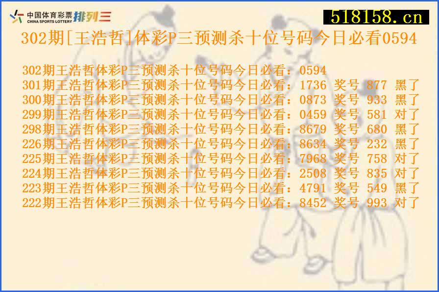 302期[王浩哲]体彩P三预测杀十位号码今日必看0594