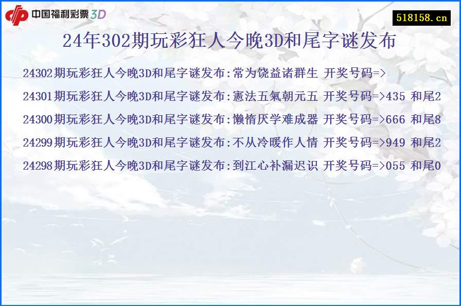 24年302期玩彩狂人今晚3D和尾字谜发布