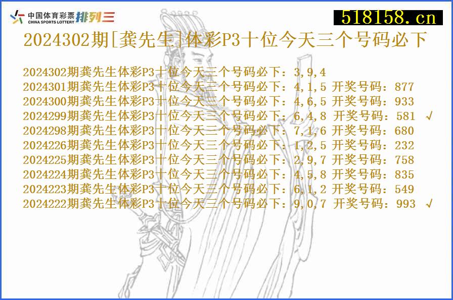 2024302期[龚先生]体彩P3十位今天三个号码必下