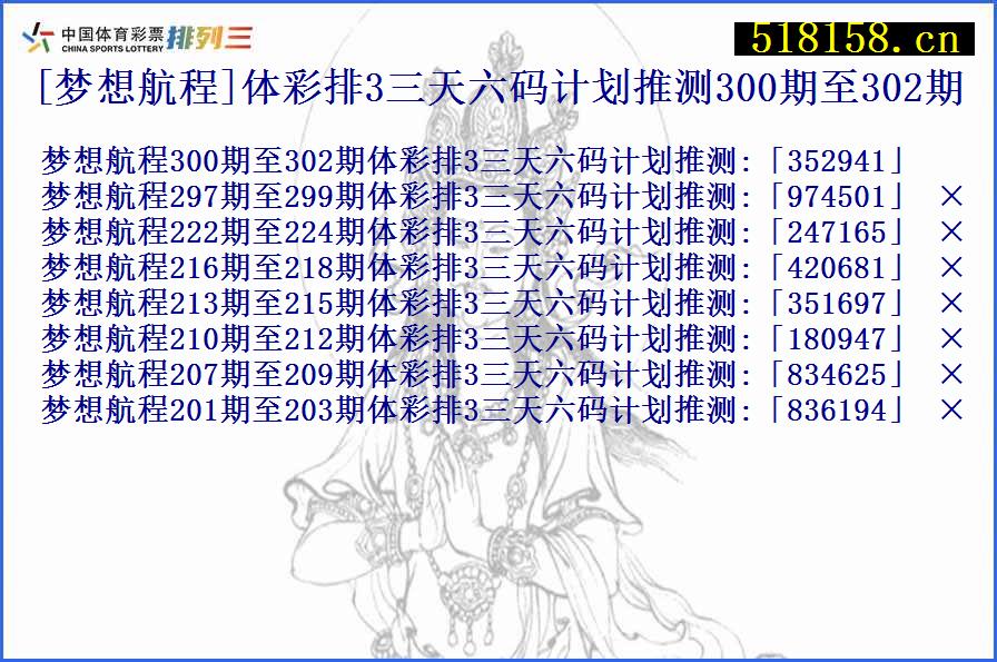 [梦想航程]体彩排3三天六码计划推测300期至302期