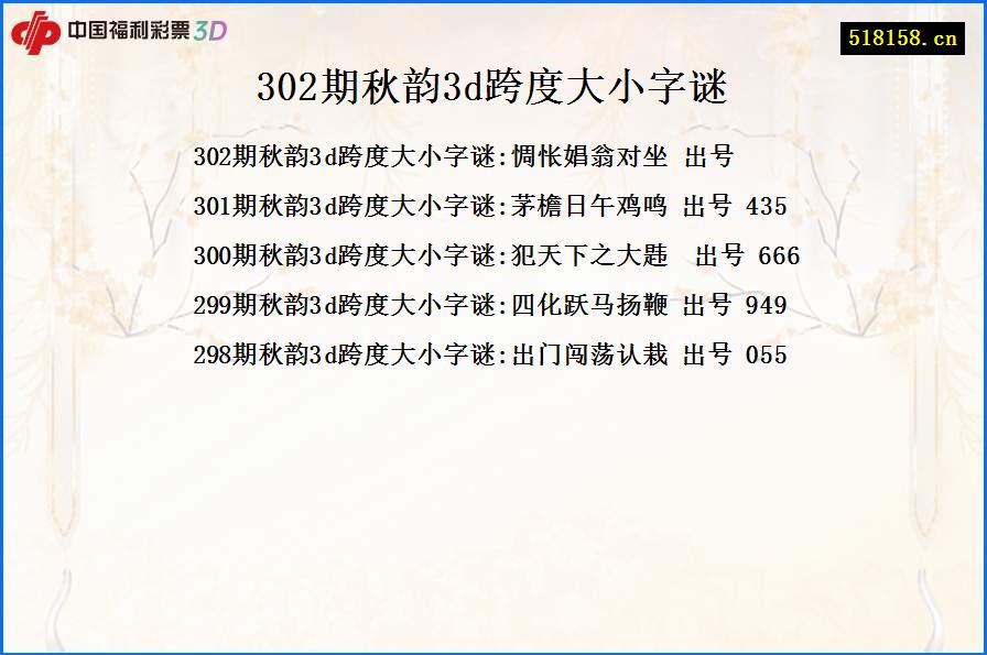 302期秋韵3d跨度大小字谜