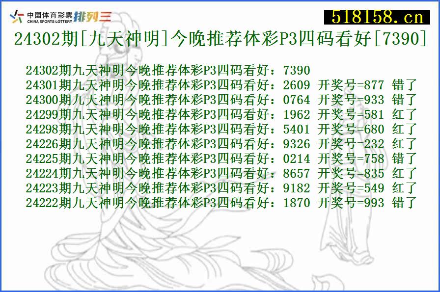 24302期[九天神明]今晚推荐体彩P3四码看好[7390]