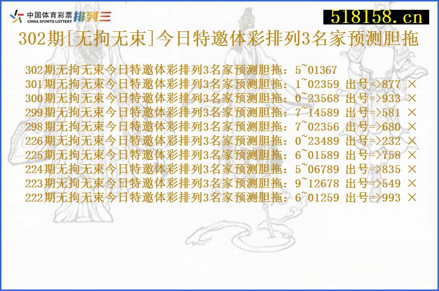 302期[无拘无束]今日特邀体彩排列3名家预测胆拖