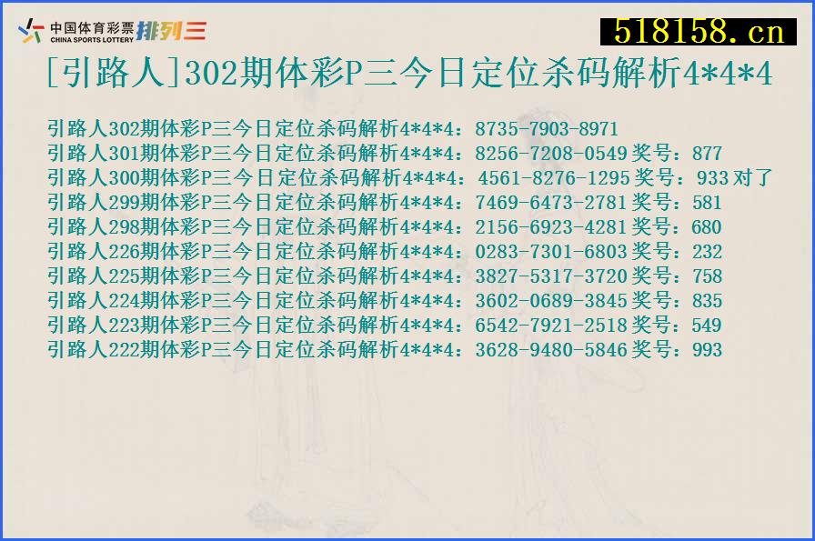 [引路人]302期体彩P三今日定位杀码解析4*4*4